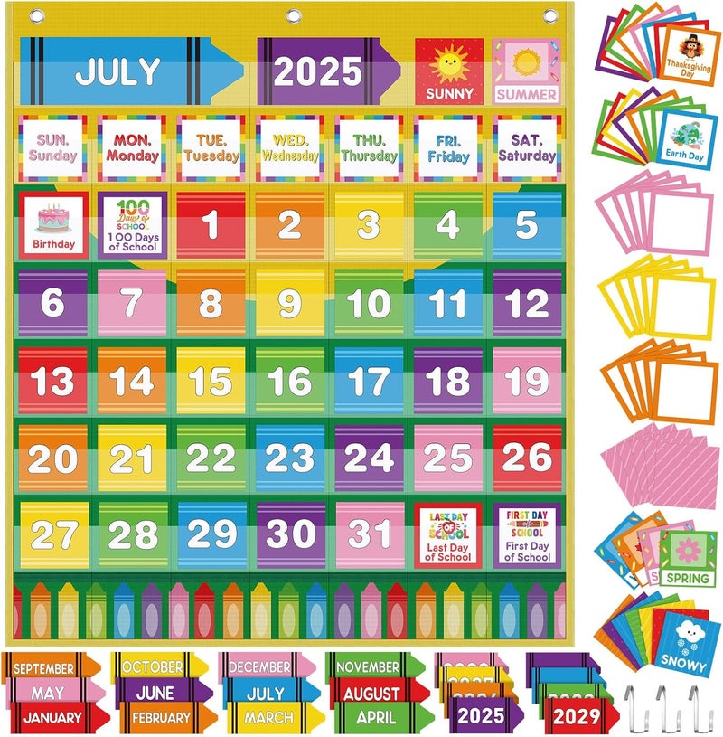 Sinload Classroom Calendar Pocket Chart Set Calendar Bulletin Board Set Seasons Festival Weather Pocket Chart for Classroom Decoration Back to School Supplies(Crayon) - Image 1